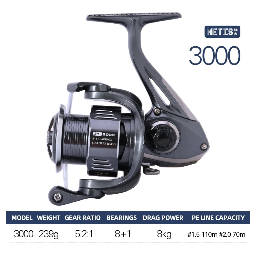 TSURINOYA METIS 1000 2000 3000 Spinning Fishing Reel 8kg Drag Lure Reel Lightweight 8+1 Bearings Bass Saltwater Fishing Coil