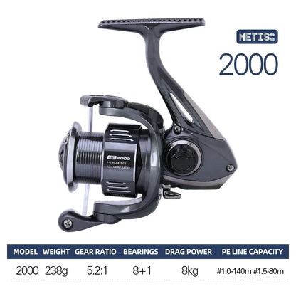 TSURINOYA METIS 1000 2000 3000 Spinning Fishing Reel 8kg Drag Lure Reel Lightweight 8+1 Bearings Bass Saltwater Fishing Coil
